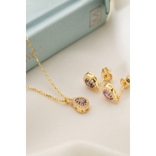 Silvano Jewelry 925 Ayar Gümüş Şubat Ayı Doğum Taşı ( Ametist ) Kolye - Küpe Seti