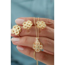 Silvano Jewelry 925 Ayar Gümüş Dönerli Yonca Kolye-Küpe-Küpe Seti