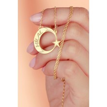 Silvano Jewelry 925 Ayar Gümüş Isimli Motifli Kolye Kadın İçin Gold Renkli Ay Yıldız Temalı