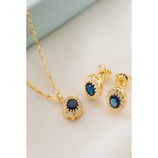 Silvano Jewelry 925 Ayar Gümüş Eylül Ayı Doğum Taşı ( Sapphire ) Kolye - Küpe Seti