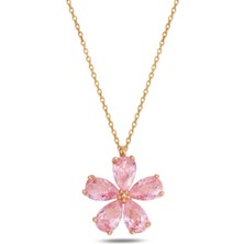 Silvano Jewelry 925 Ayar Gold Zirkon Pembe Taşlı Yasemin Çiçeği Gümüş Kolye