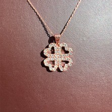 Ashak Accessories Kadın 925 Ayar Gümüş Zincirli Swarovski Taşlı Yonca Şans Model Rose Kaplama Kolye