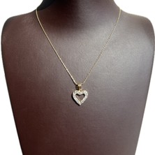 Ashak Accessories Kadın 925 Ayar Gümüş Zincirli Swarovski Taşlı Kalp Model Kalpli Altın Kaplama Kolye
