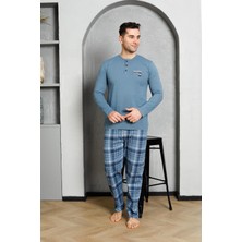 Ahengim Erkek Pijama Takımı Uzun Kollu Büyük Ekoseli Biyeli Yaka Düğmeli Pamuklu M58372320