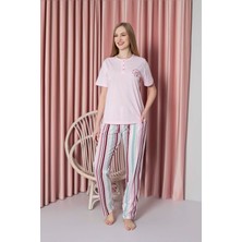 Ahengim Kadın Pijama Takımı Süprem Kısa Kollu Alt Çizgili Göğüs Nakışlı Pamuklu W20722328