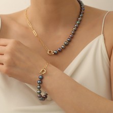 Nox Jewelry 925 Ayar Gümüş Black Fresh Inci SET-9.00MM