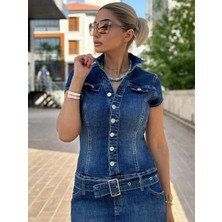 Kokoşum Butik 90539 Düğmeli Jean Elbise Mavi