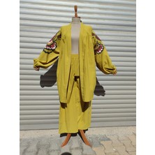 Qimine Safran Rengi Kimono Takım Desenli