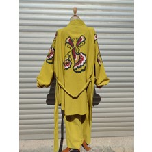 Qimine Safran Rengi Kimono Takım Desenli