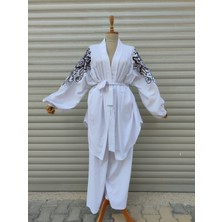 Qimine Safran Rengi Kimono Takım Desenli