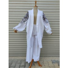 Qimine Safran Rengi Kimono Takım Desenli