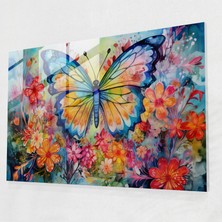 Painted Anarchy Kelebekler Cam Baskı - Kurutulmuş Kelebekler, Cam Sanatı, Duvar Süslemesi, Rengarenk Çiçekler, 45X30