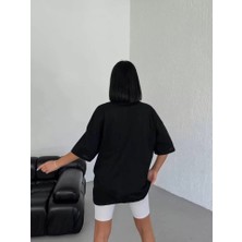 Slh Tasarım Unisex Bisiklet Yaka Baskılı Oversize T-Shirt - Beyaz