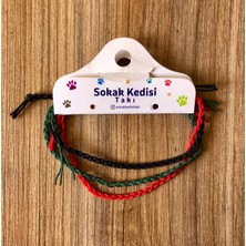 Sokak Kedisi Tasarım Üçlü Kombin Ip Bileklik (Kırmızı Siyah Haki Yeşil)