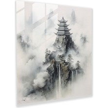 Painted Anarchy Asya Kaligrafi Cam Baskı - Serene Dağ Tapınağı - Asya, Pirinç Kağıdı, Kaligrafi Mürekkebi, Asya, 30X30