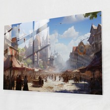 Painted Anarchy Orta Çağ Cam Duvar Sanatı: Hareketli Pazar Meydanı - Orta Çağ, Canlı Renkler, Canlı Atmosfer, Ev Dekorasyonu, 45X30