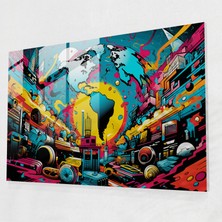 Painted Anarchy Pop Art Cam Baskı - Dünya Haritası 2, Cam Baskı, Çizgi Romandan Esinlenmiş, Pop Art, 45X30