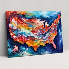 Painted Anarchy Amerika Birleşik Devletleri Haritası Duvar Tablosu - Amerika Birleşik Devletleri Haritası, Duvar Dekorasyonu, Soyut Resim, Kanvas Tablo, 50X30