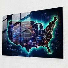 Painted Anarchy Fütüristik Amerika Birleşik Devletleri Haritası Cam Baskı - Amerika Birleşik Devletleri Haritası, Duvar Dekorasyonu, Cam Sanatı, Neon Renkler, 45X30