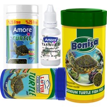 Amore Turtle Green Sticks 125, Bonisa 250ml, Lotus 100ml Su Kaplumbağası Yemi ve Vitamin Seti