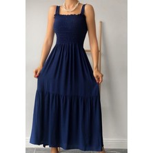 Kasheha Lacivert Kalın Askılı Üstü Gipeli Eteği Fırfırlı Yazlık Elbise 125 cm - KSH00382