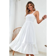 Kasheha Ekru Kalın Askılı Üstü Gipeli Eteği Fırfırlı Yazlık Elbise 125 cm - KSH00382