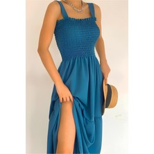 Kasheha Mavi Kalın Askılı Üstü Gipeli Eteği Fırfırlı Yazlık Elbise 125 cm - KSH00382