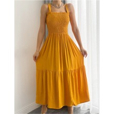 Kasheha Hardal Kalın Askılı Üstü Gipeli Eteği Fırfırlı Yazlık Elbise 125 cm - KSH00382