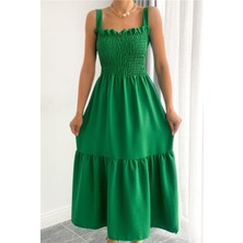 Kasheha Yeşil Kalın Askılı Üstü Gipeli Eteği Fırfırlı Yazlık Elbise 125 cm - KSH00382