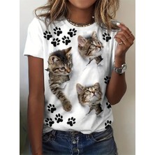 Amor İç Giyim  Kadın Kısa Kollu Kedi ve Pati Baskılı Süprem T-Shirt