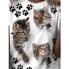Amor İç Giyim  Kadın Kısa Kollu Kedi ve Pati Baskılı Süprem T-Shirt