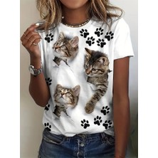Amor İç Giyim  Kadın Kısa Kollu Kedi ve Pati Baskılı Süprem T-Shirt