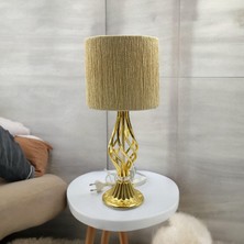 Harfa Teknoloji Burgulu Gold Renk Metal Ayaklı Modern Hasır Örgülü Bej Abajur