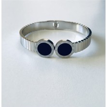 Plata Collection Kadın Çelik Siyah Akik Kelepçe Bileklik