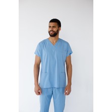 Dr. Mitra Erkek Likralı Yarasa Kol Hemşire Doktor Takım Açık Mavi