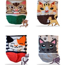 4 Çift Kedi Desenli Renkli Sneaker çorap, Sevimli Kedicik Yazlık Çorap