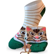 4 Çift Kedi Desenli Renkli Sneaker çorap, Sevimli Kedicik Yazlık Çorap