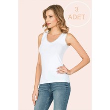 Teknoox V Yaka Dantel Işlemeli Kolsuz Kadın Beyaz Atlet 3 Adet