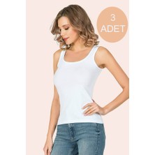 Teknoox Kalınaskılı Biyeli Ribana Kadın Günlük Çok Rahat Atlet Beyaz 3 Adet