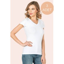 Teknoox Kısa Kol V Yaka Kadın Pamuk Likralı Atlet Beyaz 3 Adet