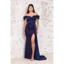 Livanomi Saten Payet Detaylı Lacivert Uzun Abiye Elbise