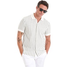 Hatem Saykı Beyaz Regular Fit Çizgili Polo Yaka Pamuklu Tişört
