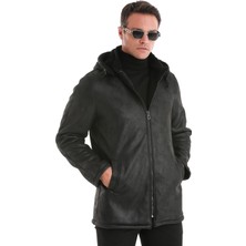 HTML Siyah Slim Fit Hakim Yaka Kapüşonlu Basic Deri Kaban