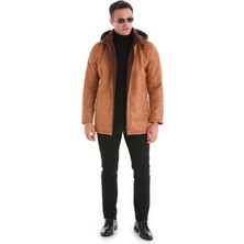 HTML Kahverengi Slim Fit Hakim Yaka Kapüşonlu Basic Deri Kaban