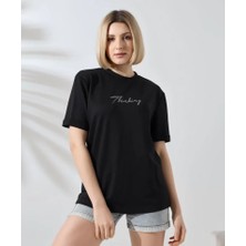 Pixsula Unisex Bisiklet Yaka Baskılı Slim Fit T-Shirt - Siyah