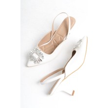 Modabuymus Elizabeth Beyaz Taşlı Stiletto Arkası Açık Abiye Ayakkabı