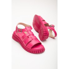 Kadın Fuşya Bilekten Bağlamalı Üç Bantlı Poli Yüksek Taban Sandalet