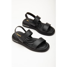 Kadın Siyah Cilt Rahat Kalıp Poli Taban Çift Bantlı Sandalet