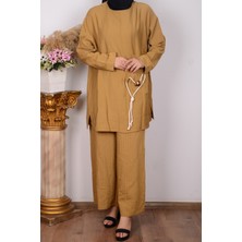 Armine 24YT670 Hardal Kadın Fermuarlı Bisiklet Yaka Pantalonu Beli Lastikli Geniş Paça Çift Cepli Takım