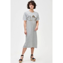 Rock&Roll Sütlü ve Sade Gri Melanj Bisiklet Yaka Kısa Kollu Penye Uzun Elbise